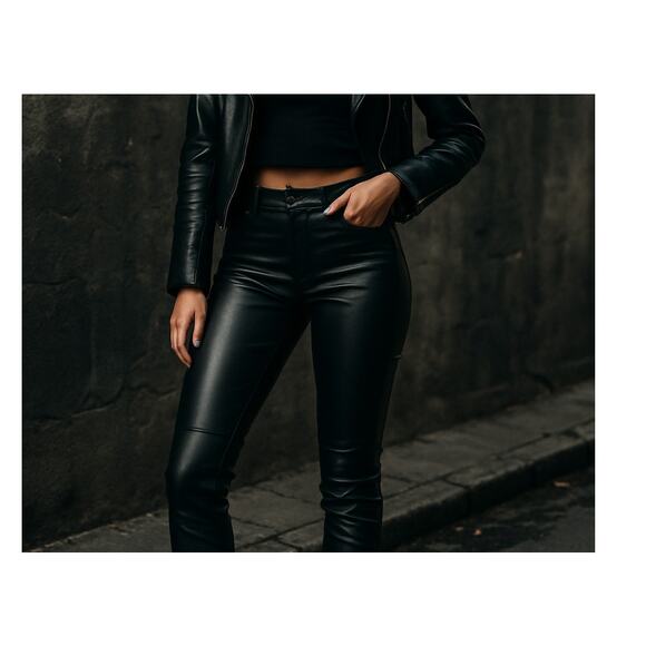 High-Waist Black Leather Pants SZ 8 Edgy Streetwear Biker Vibe, Straight Moto - Picture 1 of 16